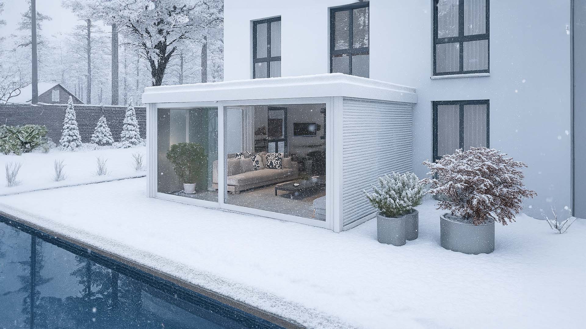 Plana Tectum Wintergarten Schnee Außenansicht